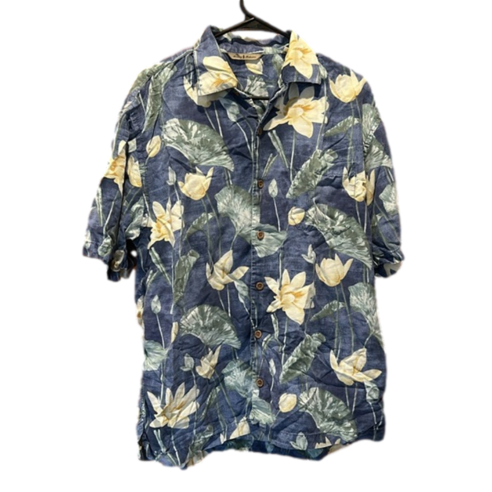 Tommy Bahama Men's Large Blue 100% Silk Hawaiian Short Sleeve Button-Up Shirt